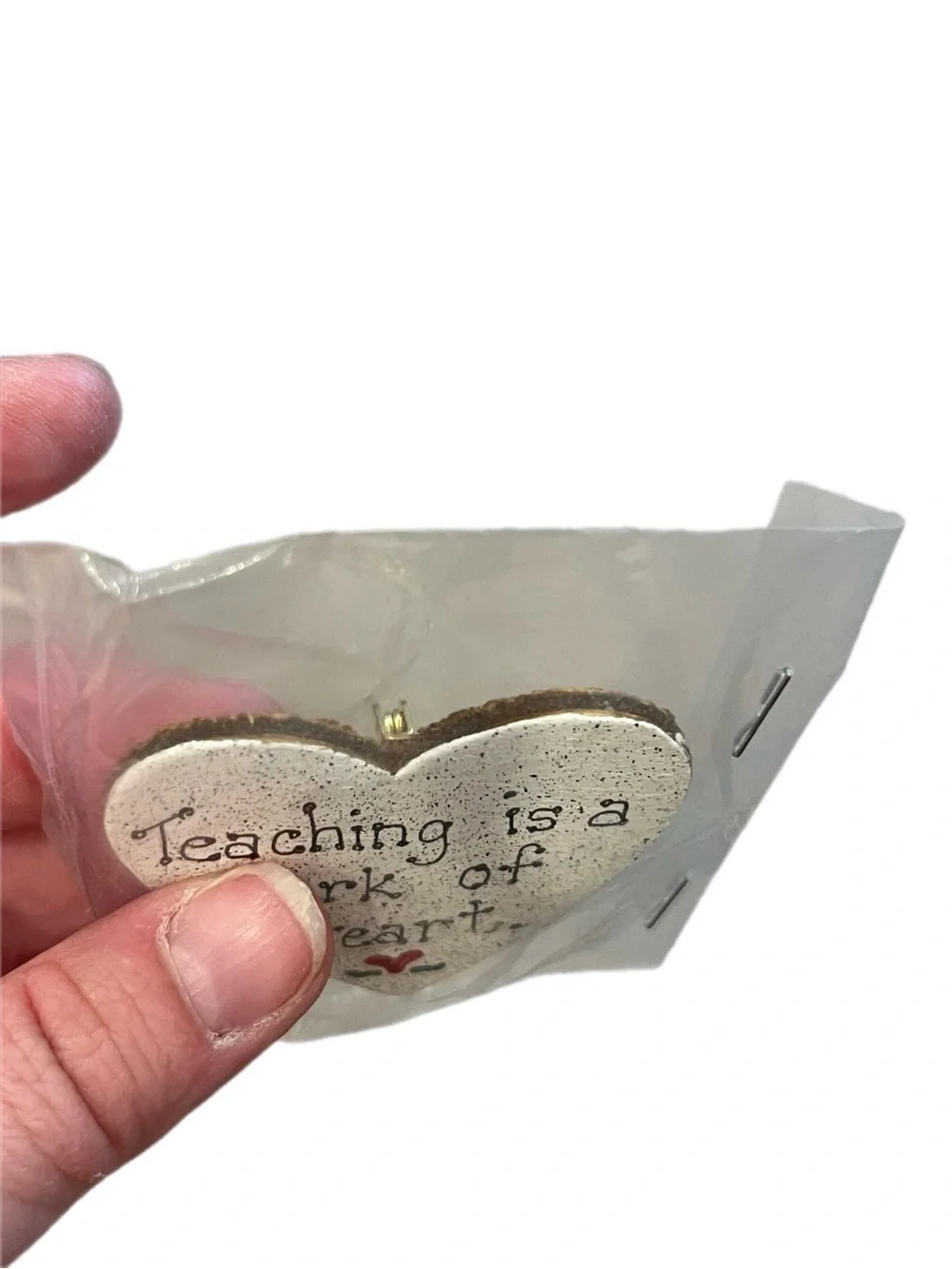 Wooden Heart Shaped Teaching Quote Pin - White with Tiny Red Accent